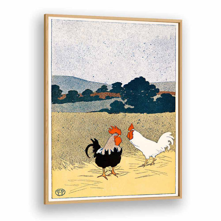 Two Roosters In A Field 1898 Vintage Paintings in Oak Wood Plain Frame