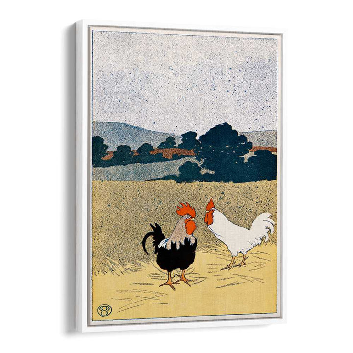 Two Roosters In A Field 1898 Vintage Paintings in White Floater Frame