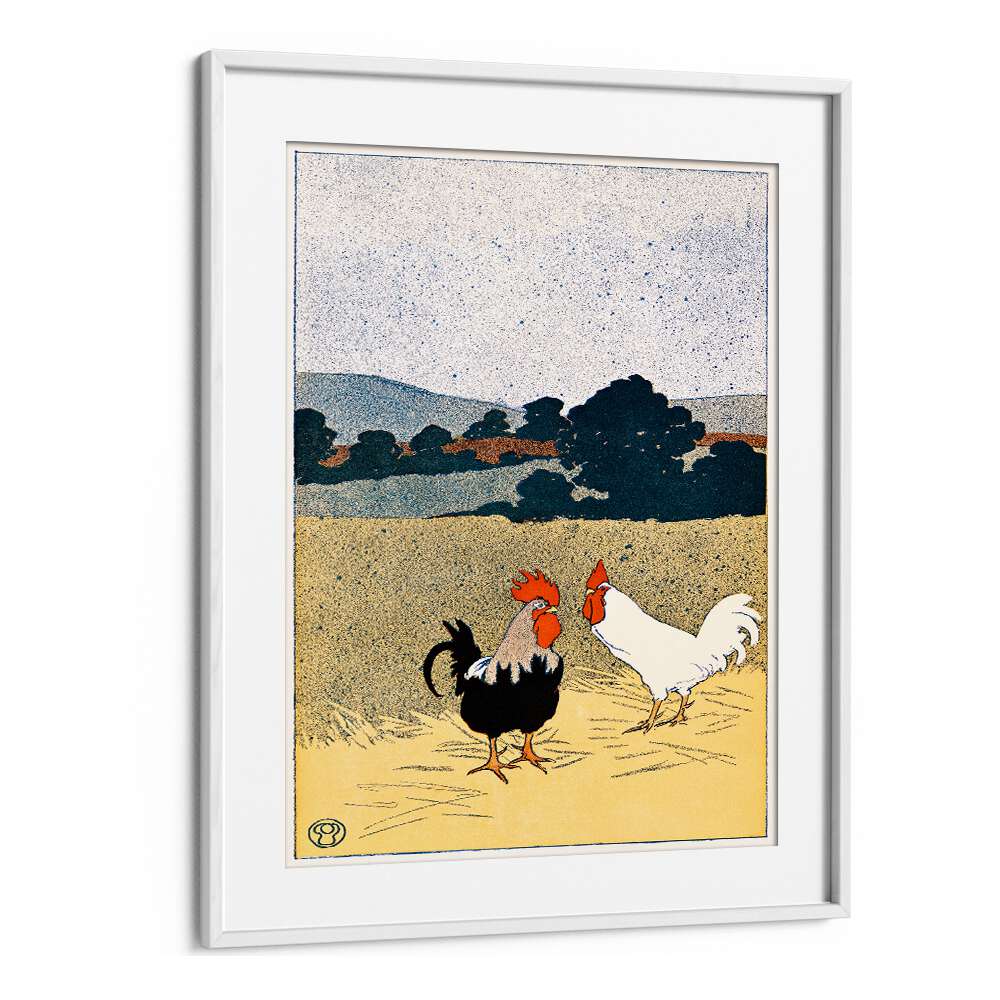 Two Roosters In A Field 1898 Vintage Paintings in White Frame With Mount