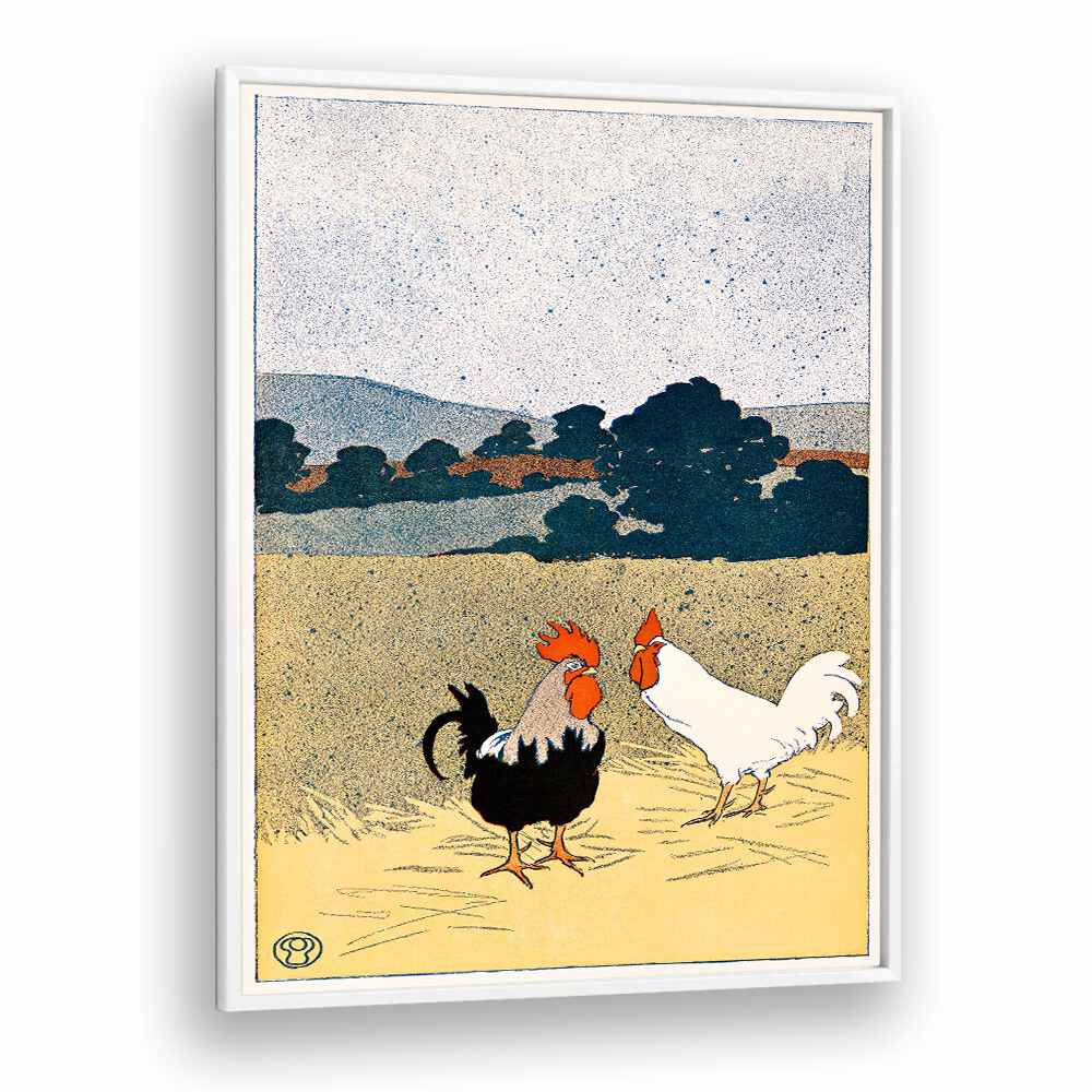 Two Roosters In A Field 1898 Vintage Paintings in White Plain Frame