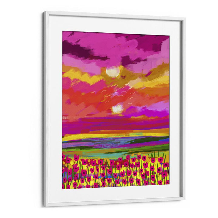 Two Suns By Uma Gokhale Landscape Paintings in White Frame With Mount