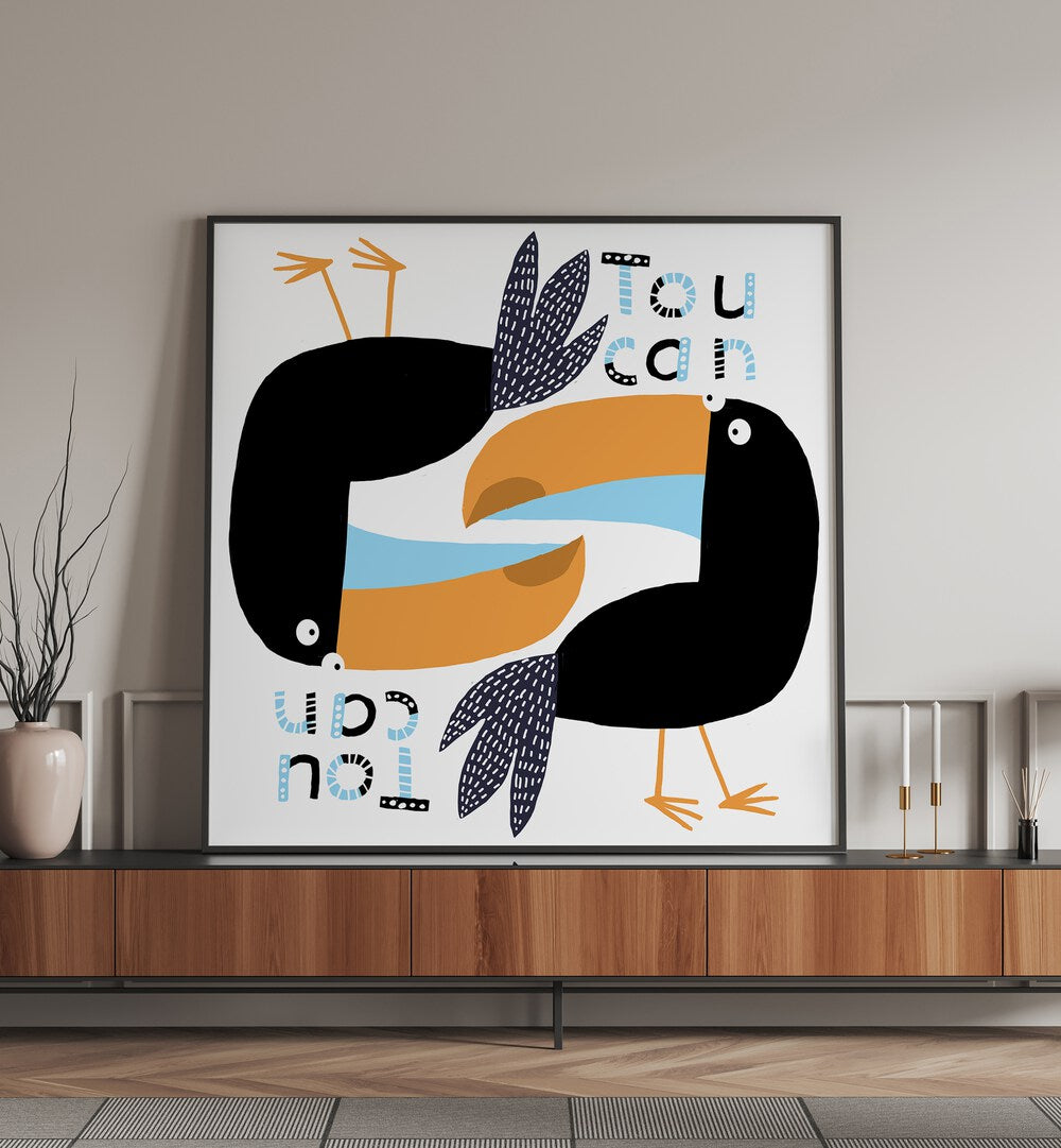 Two Toucans Graphic Design With Text By Carla Daly Kids Room Art placed on a wall