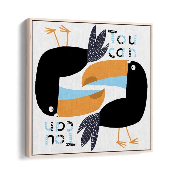 Two Toucans Graphic Design With Text By Carla Daly Kids Room Art in Oak Wood Floater Frame