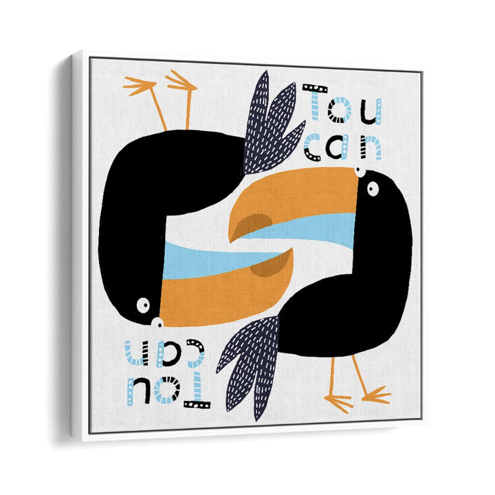 Two Toucans Graphic Design With Text By Carla Daly Kids Room Art in White Floater Frame