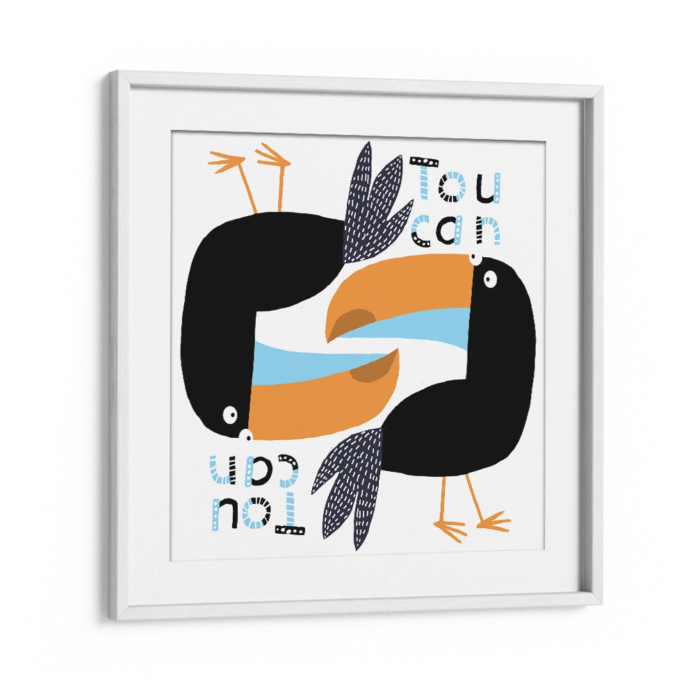 Two Toucans Graphic Design With Text By Carla Daly Kids Room Art in White Frame With Mount