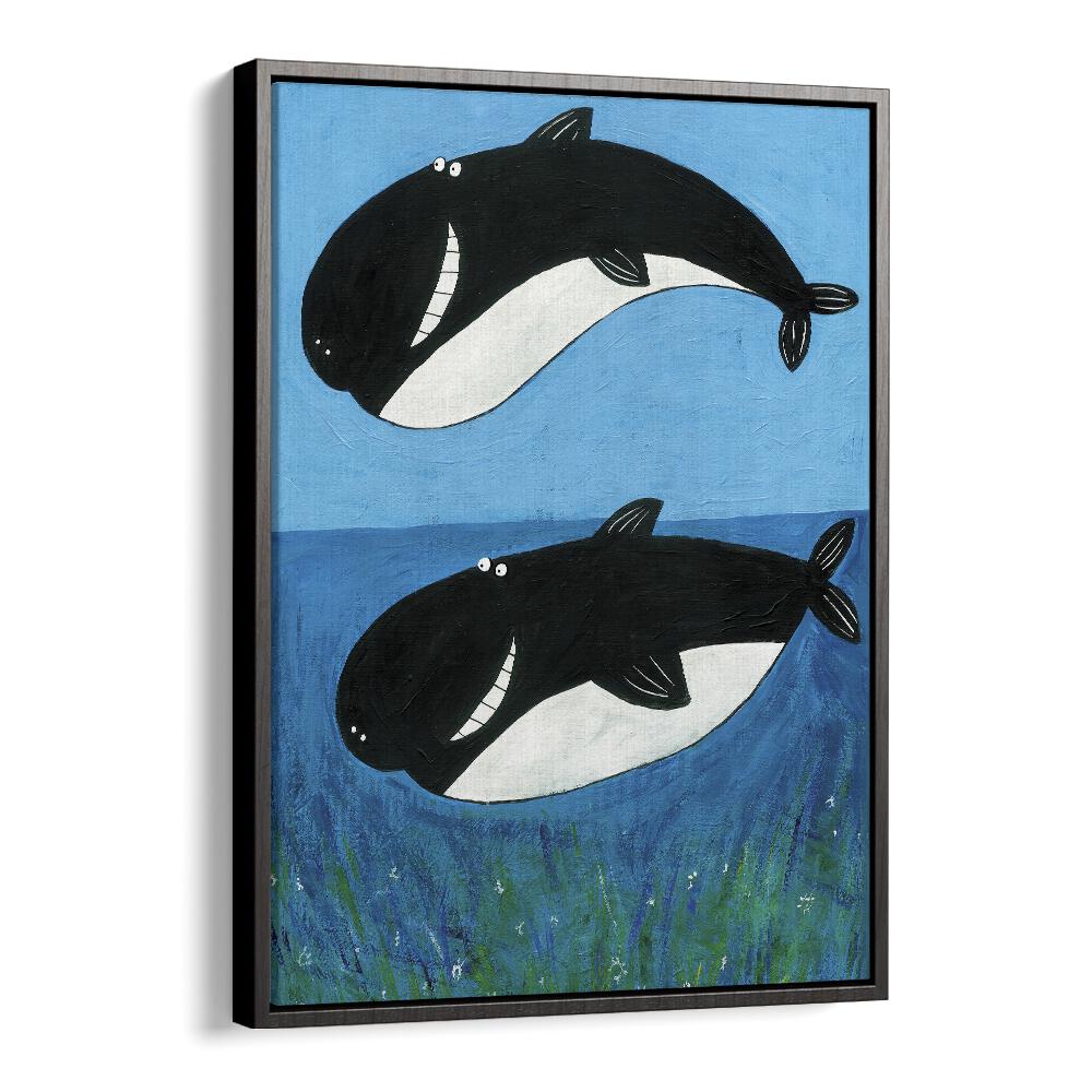 Two Whales In The Ocean By Carla Daly Kids Painting in Black Floater Frame