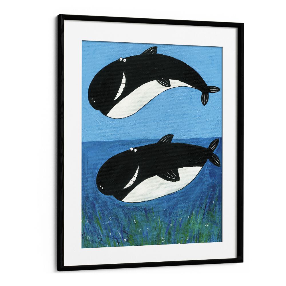 Two Whales In The Ocean By Carla Daly Kids Painting in Black Frame With Mount