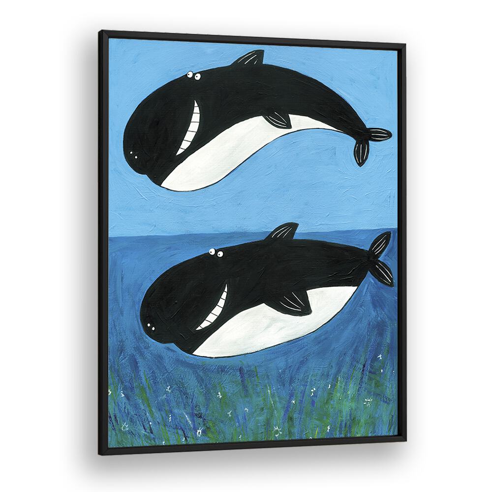 Two Whales In The Ocean By Carla Daly Kids Painting in Black Plain Frame