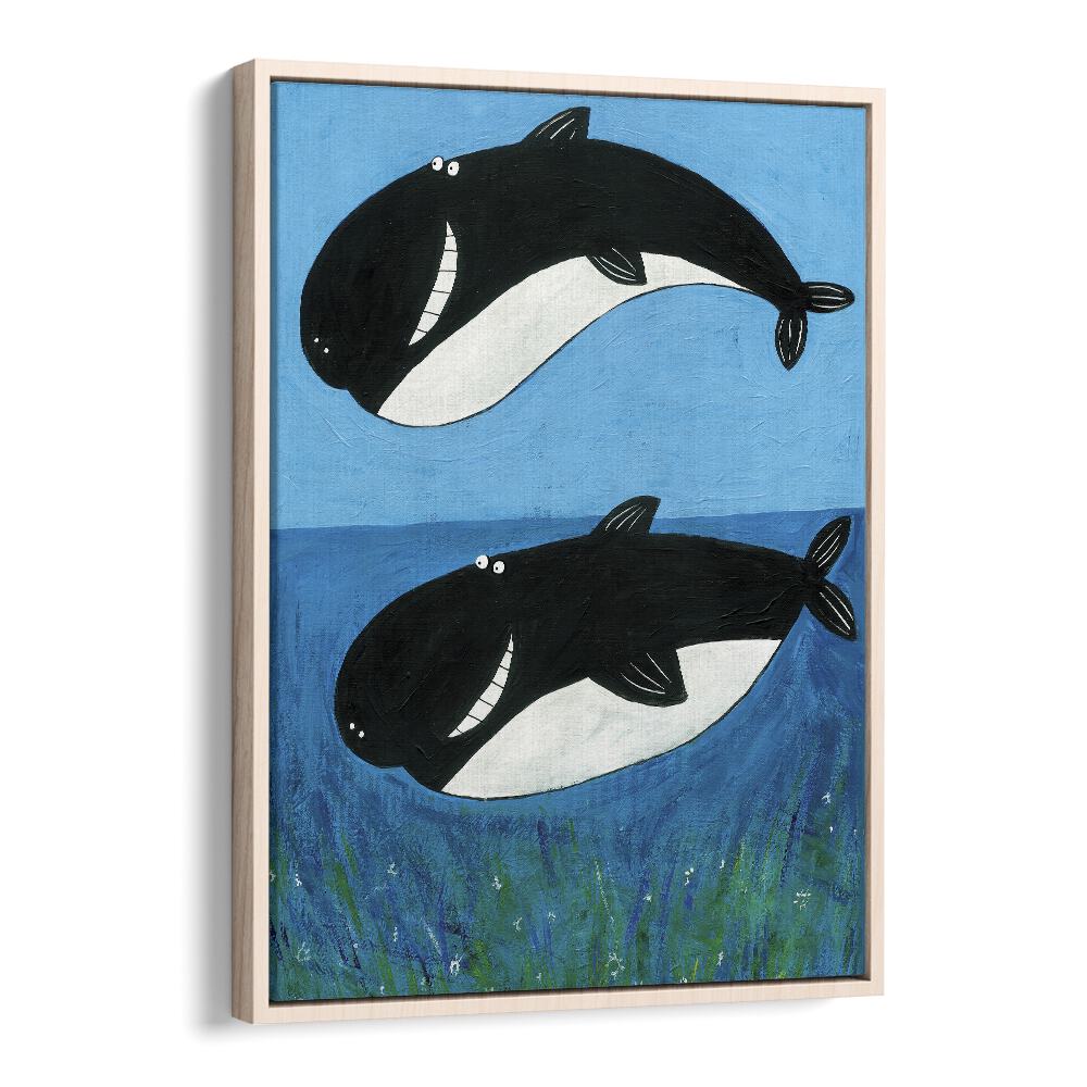 Two Whales In The Ocean By Carla Daly Kids Painting in Oak Wood Floater Frame