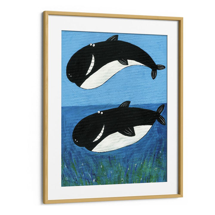 Two Whales In The Ocean By Carla Daly Kids Painting in Oak Wood Frame With Mount