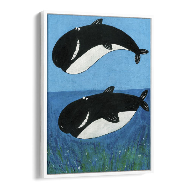 Two Whales In The Ocean By Carla Daly Kids Painting in White Floater Frame