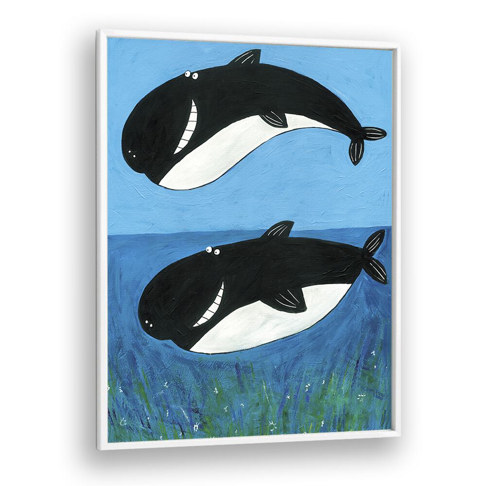 Two Whales In The Ocean By Carla Daly Kids Painting in White Plain Frame