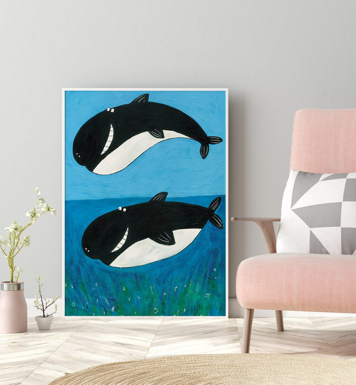 Two Whales In The Ocean By Carla Daly Kids Paintings placed on a wall