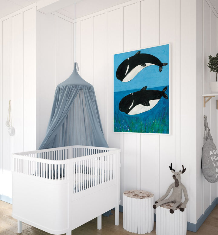 Two Whales In The Ocean By Carla Daly Kids Paintings placed on a wall