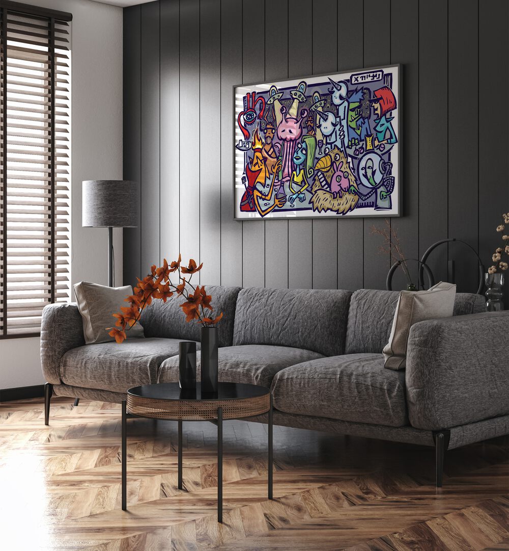 UFO Doodle Comic Art Artwork in Black Plain Frame laced On a Dark Grey Colored Striped Pattern Wall behind a Dark Grey Sofa In the Living Room