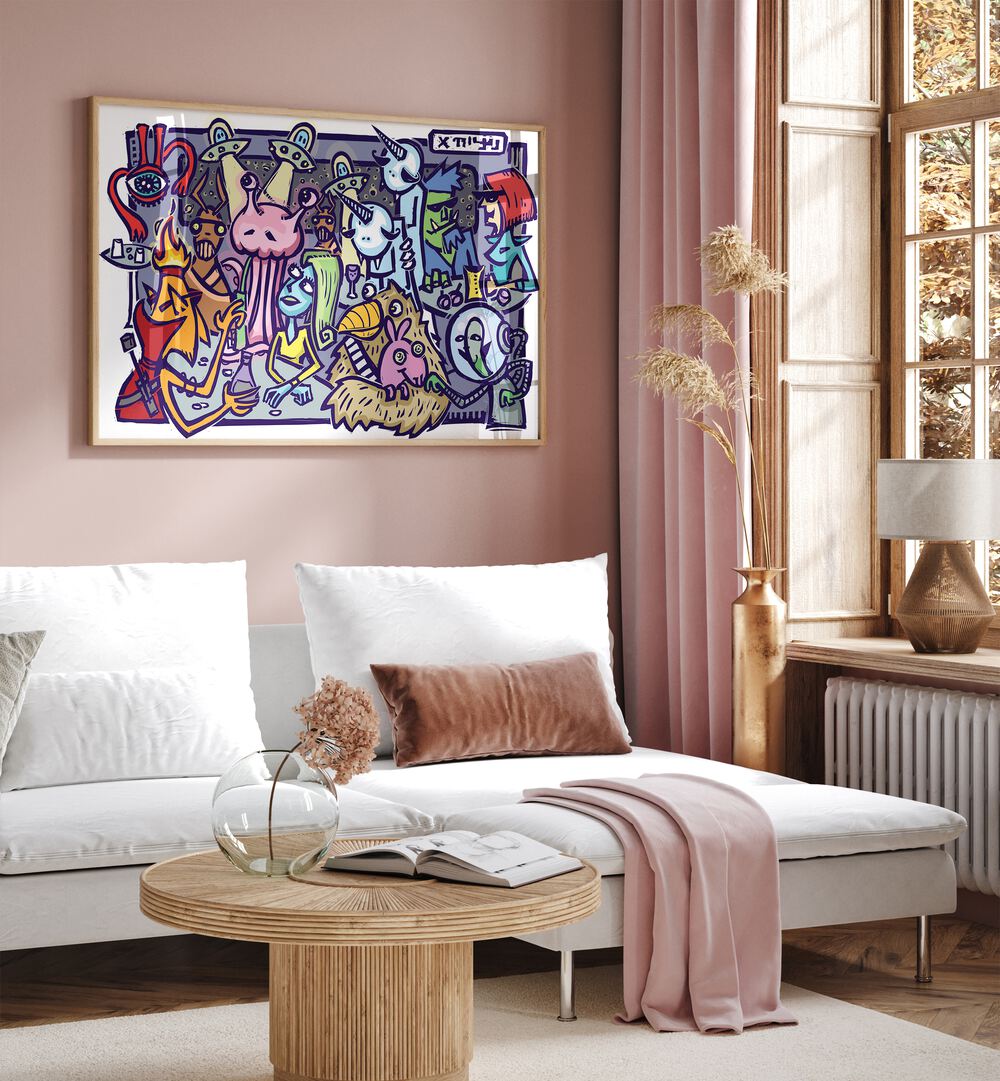 UFO Doodle Comic Art Artwork in Oak Wood Plain Frame Placed On a Pink Wall in the Living Room