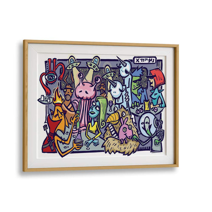 UFO Doodle Comic Art Artwork in Oak Wood Frame With Mount