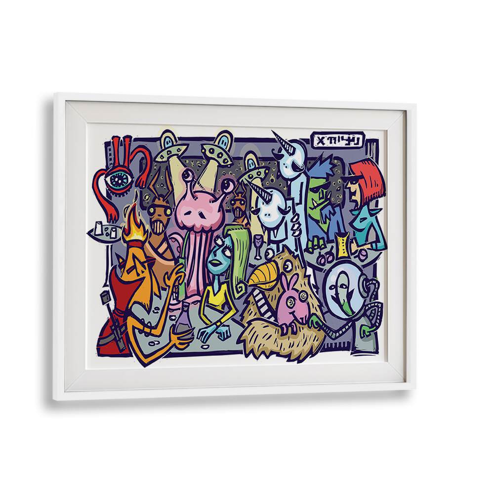 UFO Doodle Comic Art Artwork in White Frame With Mount