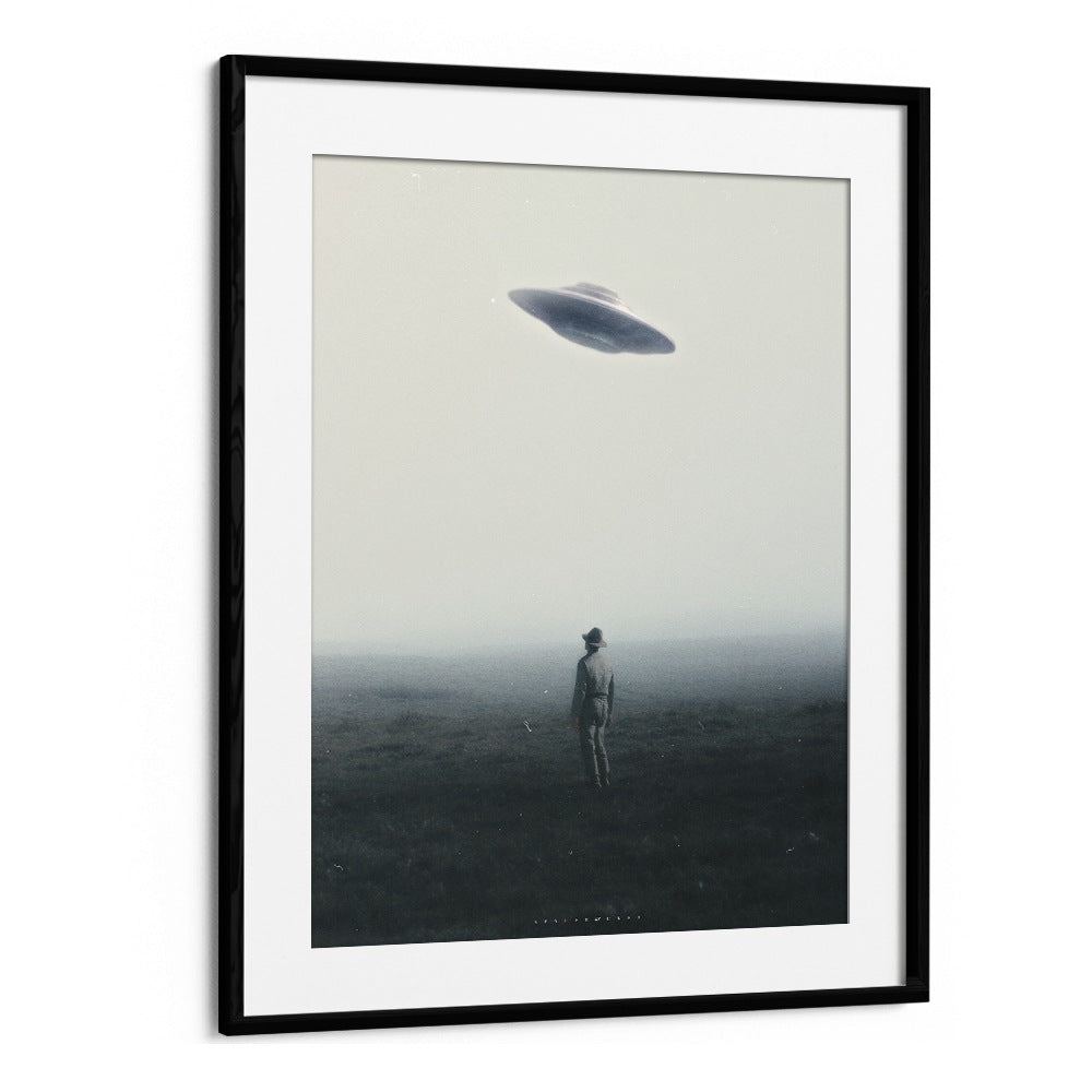 Ufo In Daylight  Surreal Painting  Artwork in Black Frame With Mount
