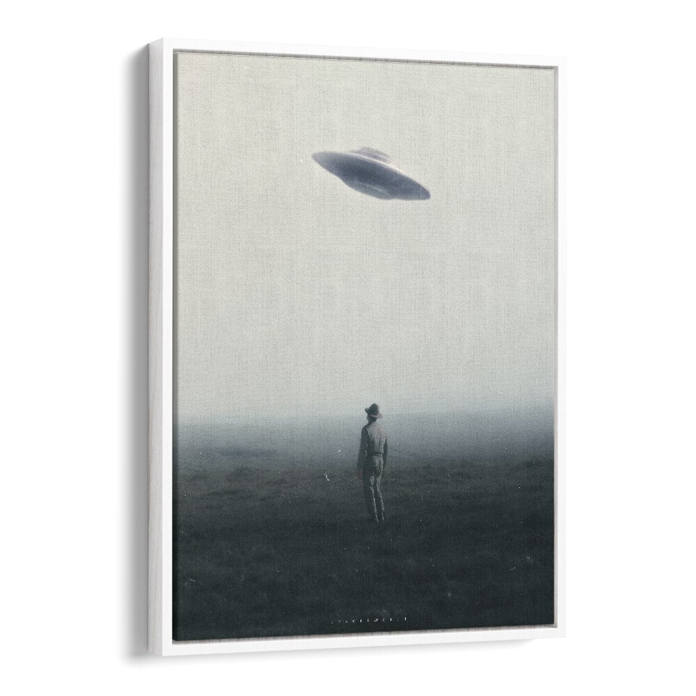 Ufo In Daylight  Surreal Painting  Artwork  in White Floater Frame
