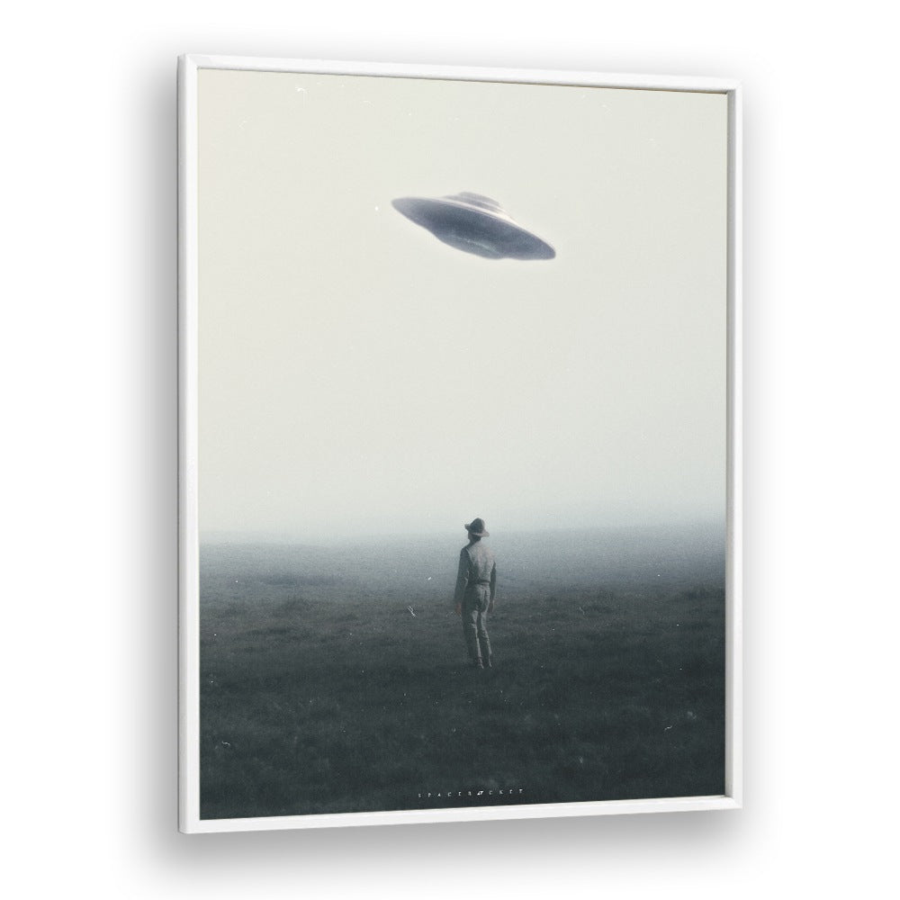 Ufo In Daylight  Surreal Painting  Artwork in White Plain Frame