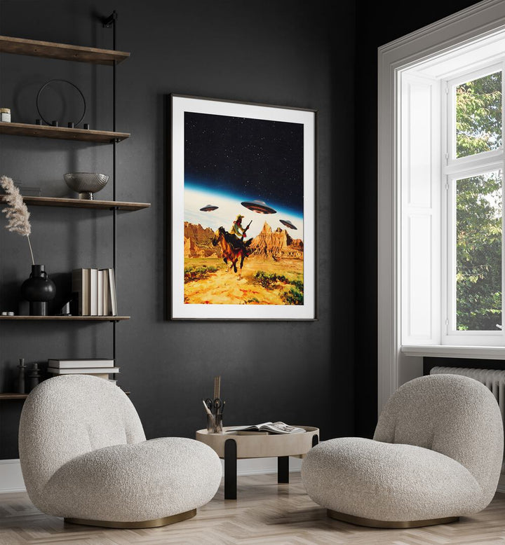 UFO Space Surreal Paintings Surreal Art Prints in Black Frame With Mount  placed on a Dark Grey Colored Wall in the Drawing Room