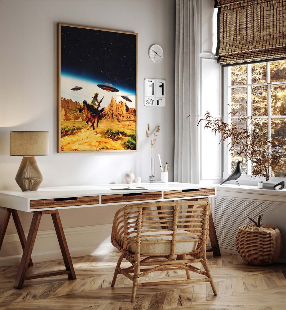 UFO Space Surreal Paintings Surreal Art Prints in Oak Wood Plain Frame placed on a White Colored Wall Above a Study Table near a Workspace in the Drawing Room