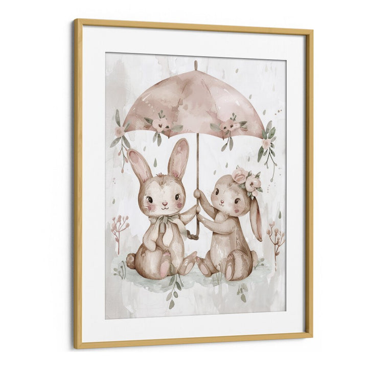 Umbrella Hop-a-long Kids Art Artwork in Oak Wood Frame With Mount
