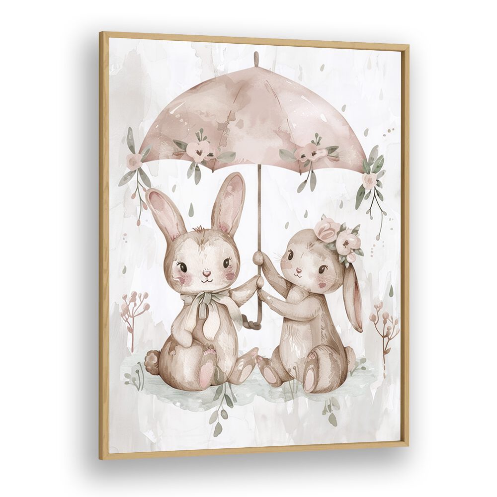 Umbrella Hop-a-long Kids Art Artwork in Oak Wood Plain Frame
