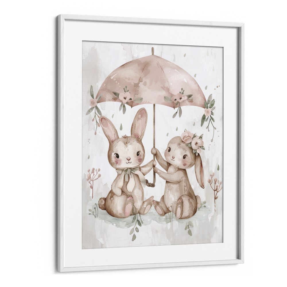 Umbrella Hop-a-long Kids Art Artwork in White Frame With Mount