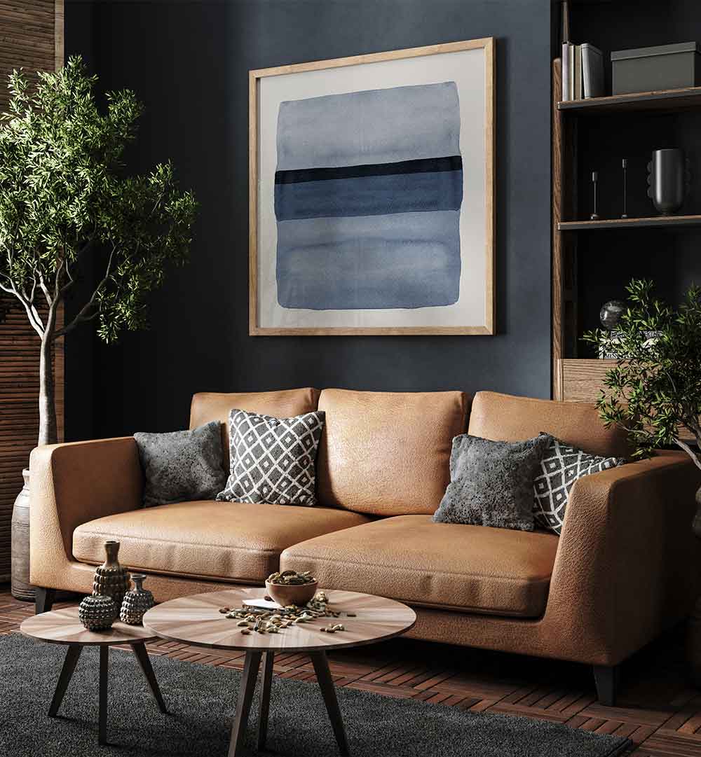 Elegant living space featuring UNDER THE BLUE RAIN IS SEA II, ABSTRACT PAINTINGS, enhancing modern decor with serenity.