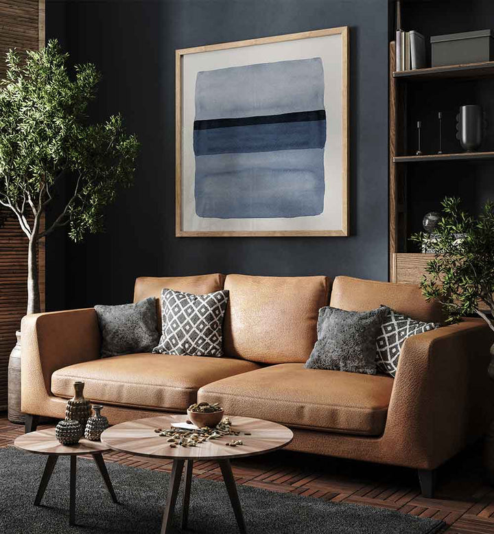 Elegant living space featuring UNDER THE BLUE RAIN IS SEA II, ABSTRACT PAINTINGS, enhancing modern decor with serenity.