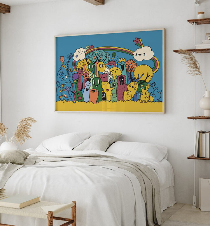 Under The Rainbow Comic Art Artwork in Oak Wood Plain Frame on a White Wall Near a White Bed