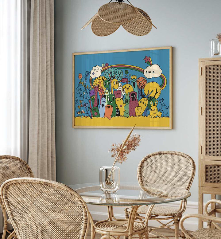 Under The Rainbow Comic Art Artwork in Oak Wood Plain Frame Placed On a White Wall Near a Glass and oak Wood Dining Table in the Dining Area