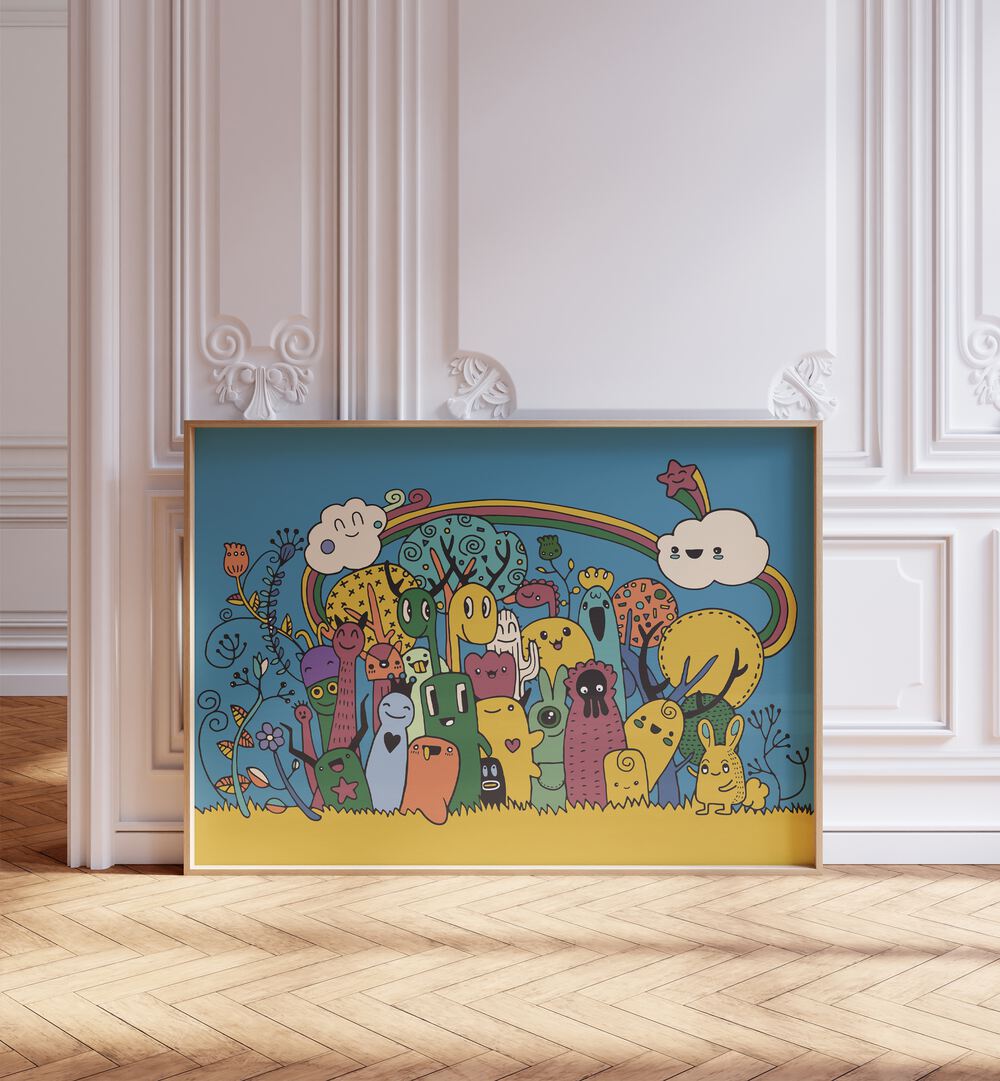 Under The Rainbow Comic Art Artwork in Oak Wood Plain Frame Placed on a Wooden Floor Leaning on a White Wall