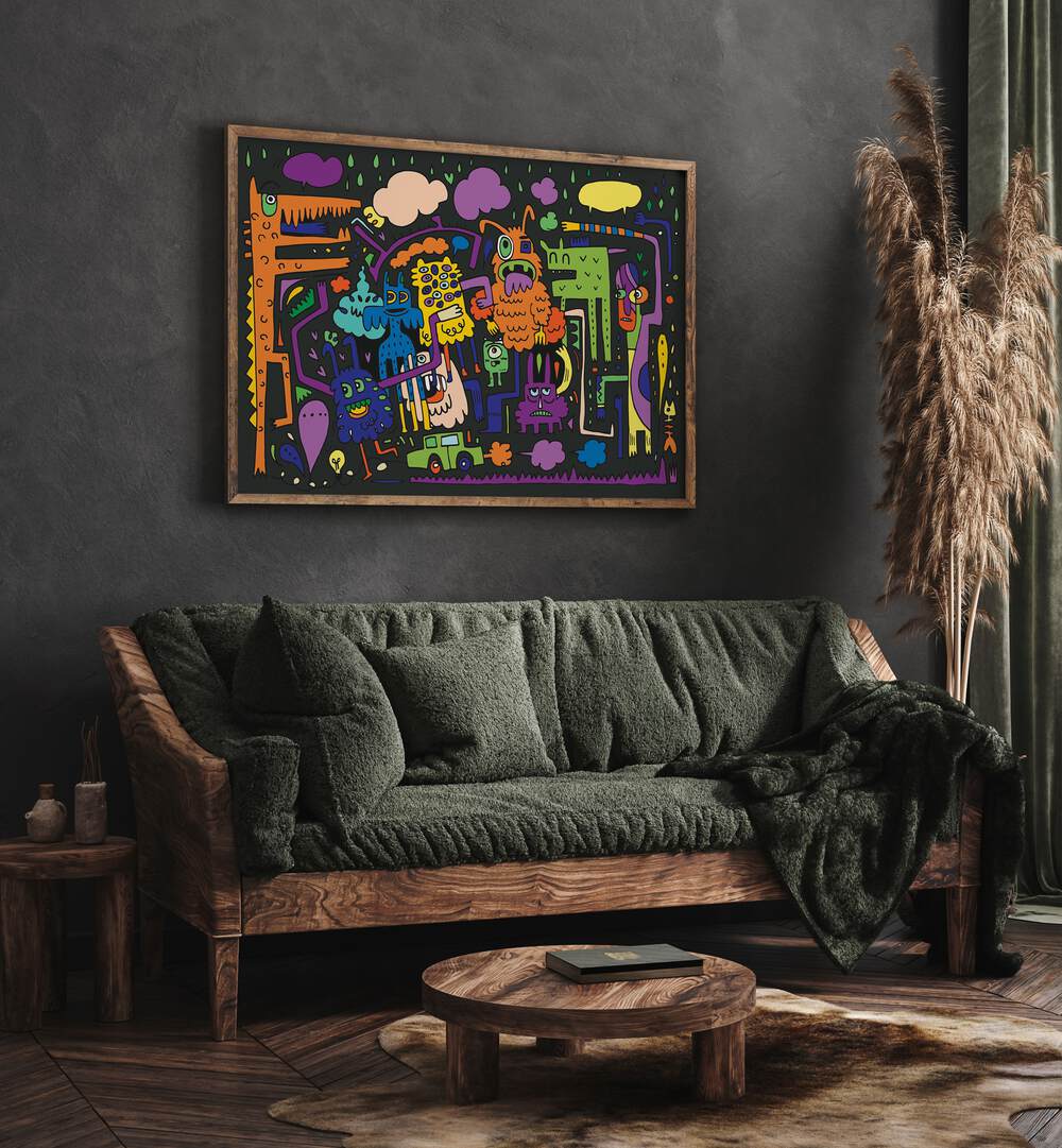 Under The Rains Doodle Art Comic Art Artwork in Oak Wood Plain Frame Placed on a Dark Grey Wall Behind a Dark Grey Sofa In the Living Room