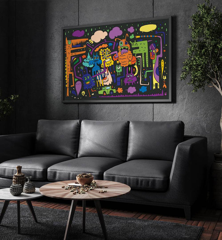 Under The Rains Doodle Art Comic Art Artwork in Black Plain Frame Placed on a Stone Textured Dark Grey Wall Behind A Black Sofa in The Living Room