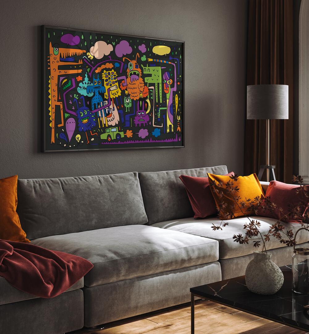 Under The Rains Doodle Art Comic Art Artwork in Black Plain Frame Placed on a Brownish Grey Wall Behind a Grey Sofa in the Living Room