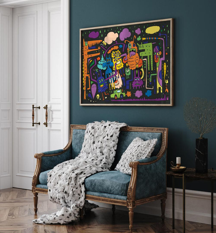 Under The Rains Doodle Art Comic Art Artwork in Oak Wood Plain Frame placed on a Blue Wall behind a Blue Sofa Chair in the Drawing Room