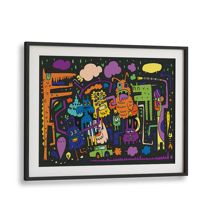 Under The Rains Doodle Art Comic Art Artwork in Black Frame With Mount