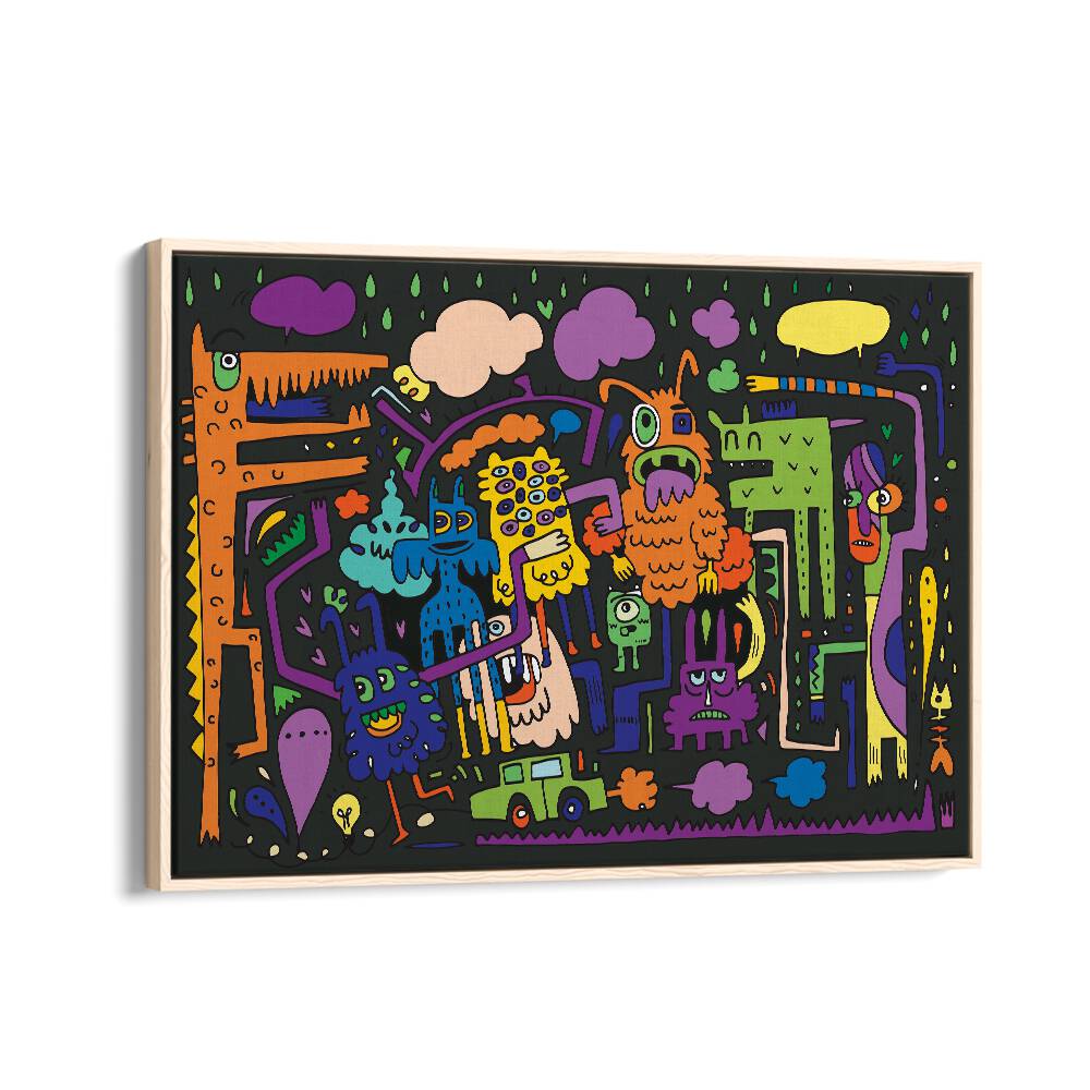 Under The Rains Doodle Art Comic Art Artwork in Oak Wood Floater Frame