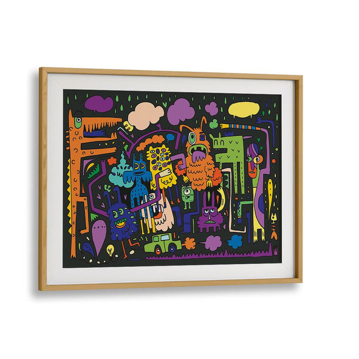 Under The Rains Doodle Art Comic Art Artwork in Oak Wood Frame With Mount