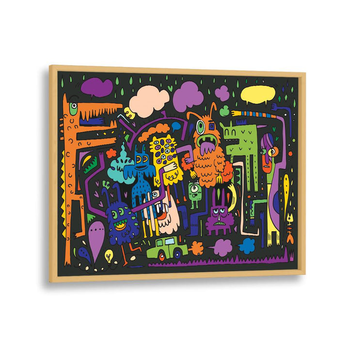 Under The Rains Doodle Art Comic Art Artwork in Oak Wood Plain Frame