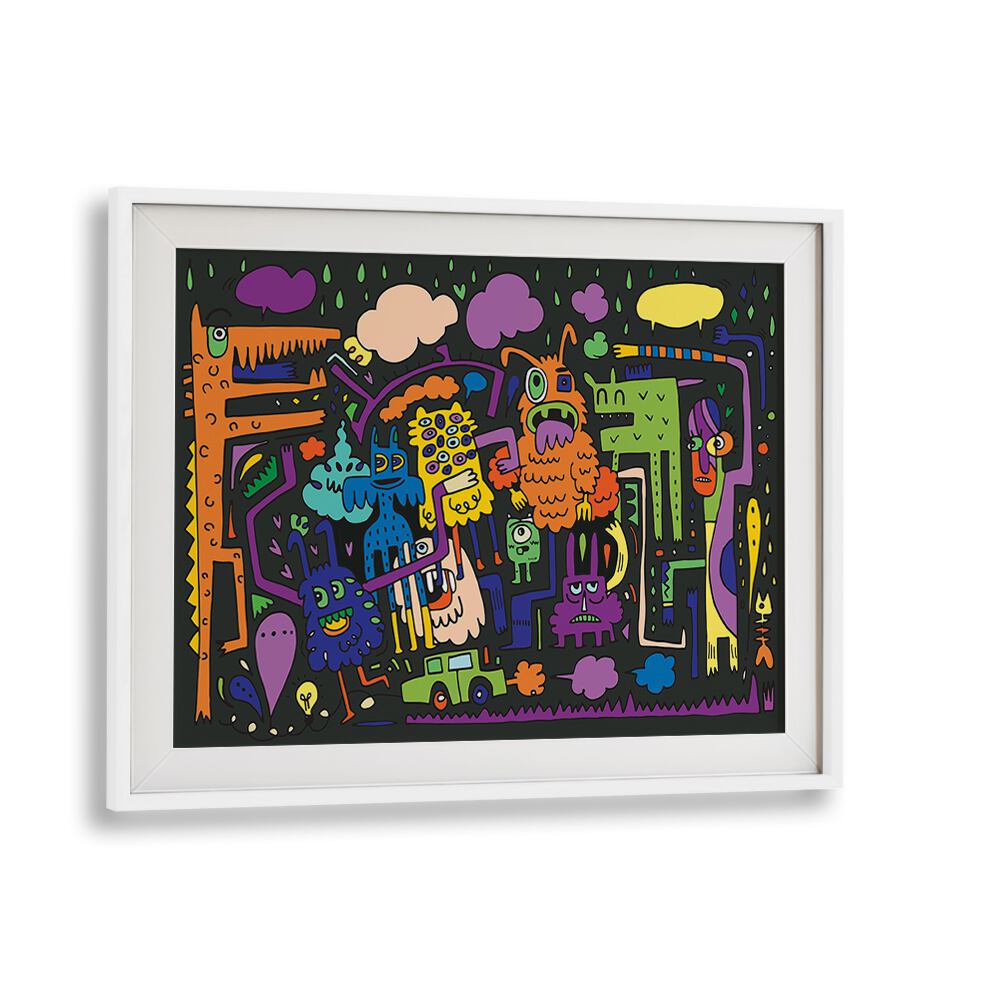 Under The Rains Doodle Art Comic Art Artwork in White Frame With Mount