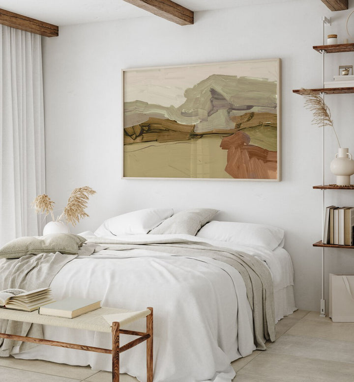 Stylish bedroom with UNDERTONE, ABSTRACT PAINTINGS, adding modern artistry and emotional depth to the space.