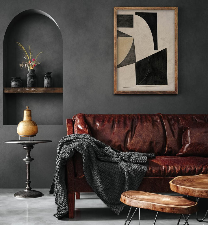 Stylish living room featuring UNFOLD 1, GEOMETRIC ART PRINTS, enhancing modern decor with artistic elegance.