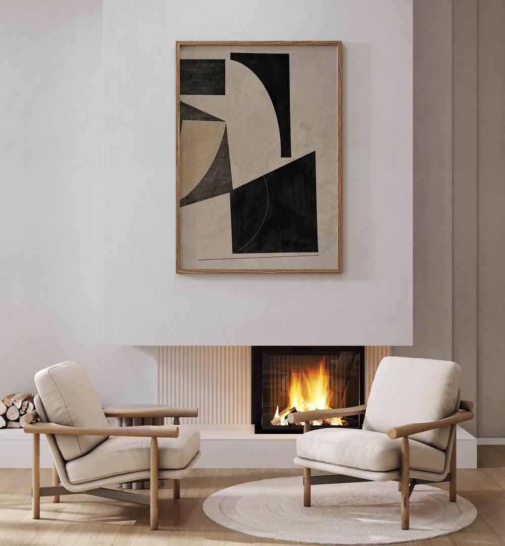 Stunning UNFOLD 1 GEOMETRIC ART PRINT displayed above cozy chairs, enhancing modern home decor with elegance.