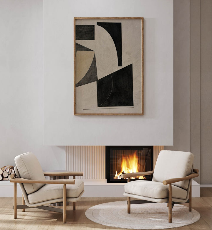 Stunning UNFOLD 1 GEOMETRIC ART PRINT displayed above cozy chairs, enhancing modern home decor with elegance.