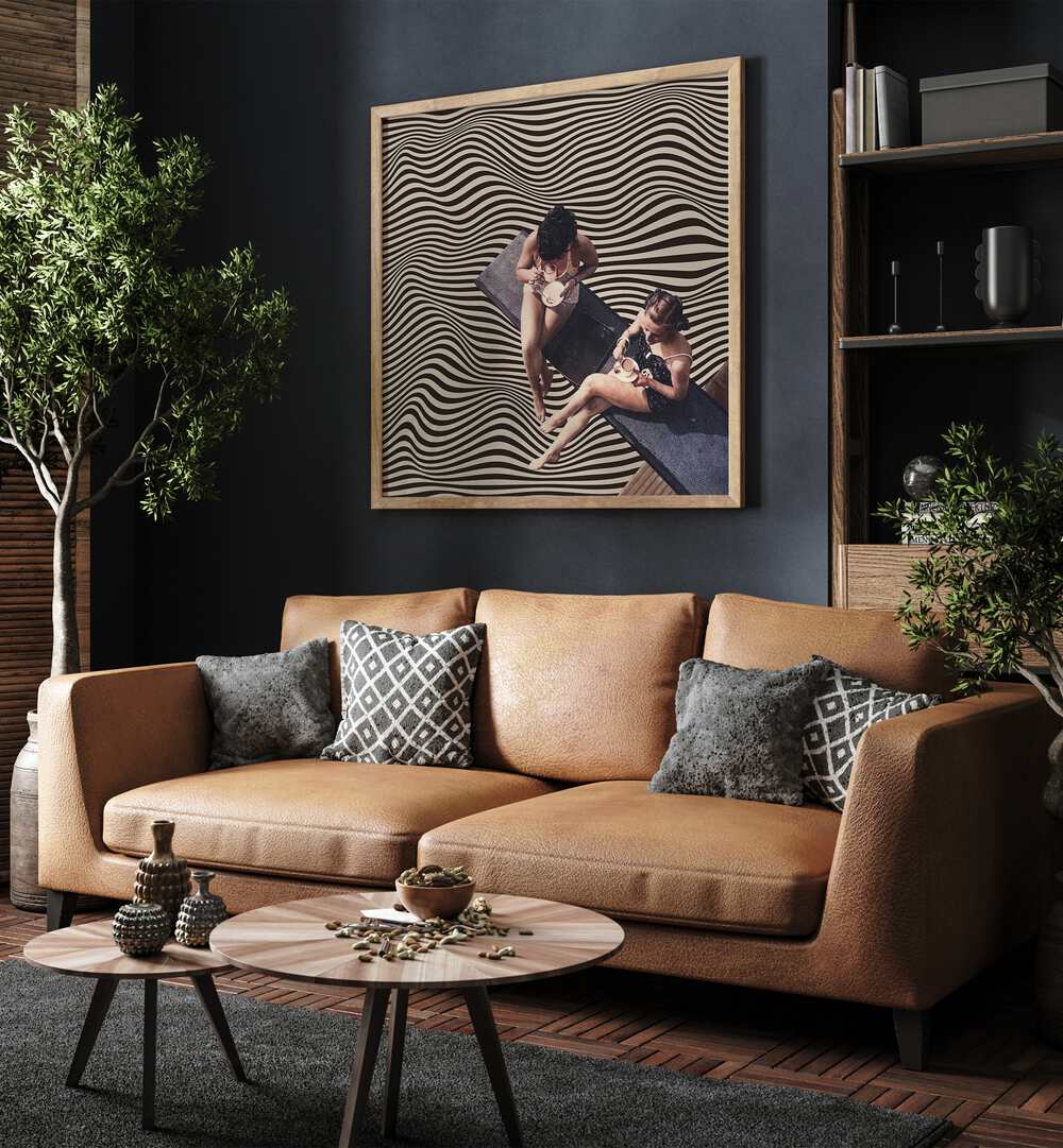 Universal Bff-Vertigo Coffee Chat Surreal Art Painting Artwork in plain oakwood frame behind a sofa for living room