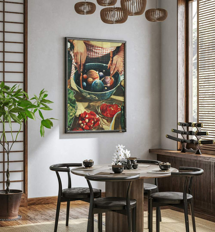 Universal Toss Surreal Art Painting Artwork in plain black frame on a white wall for dining area